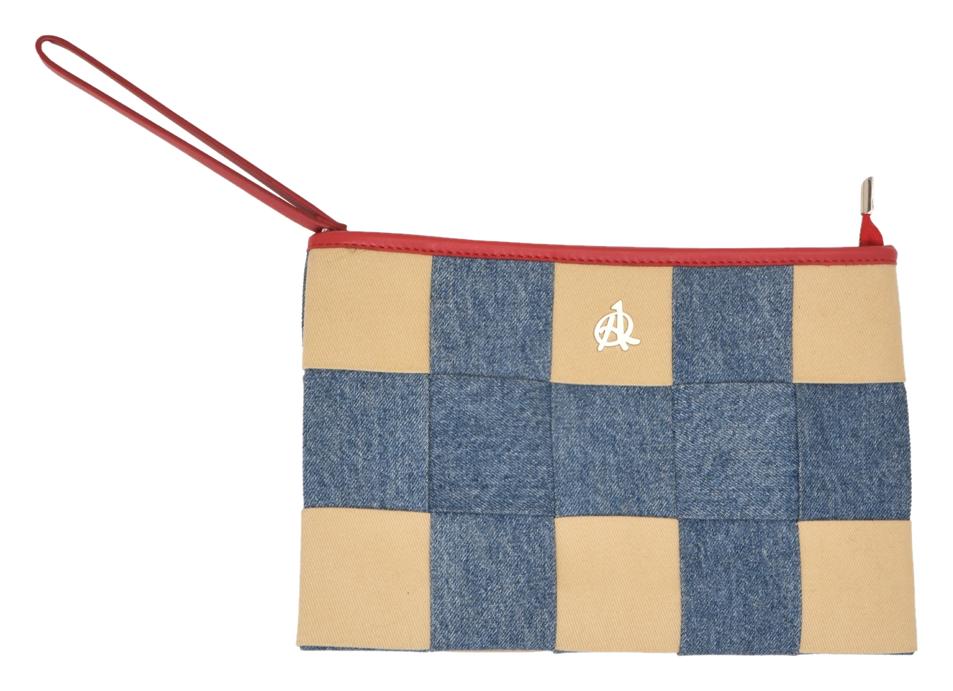 Denim ve bej örgü desenli clutch, kırmızı el askısı